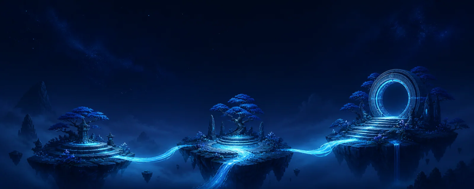 Original blue fantasy game-world concept with floating islands connected by a luminous path
