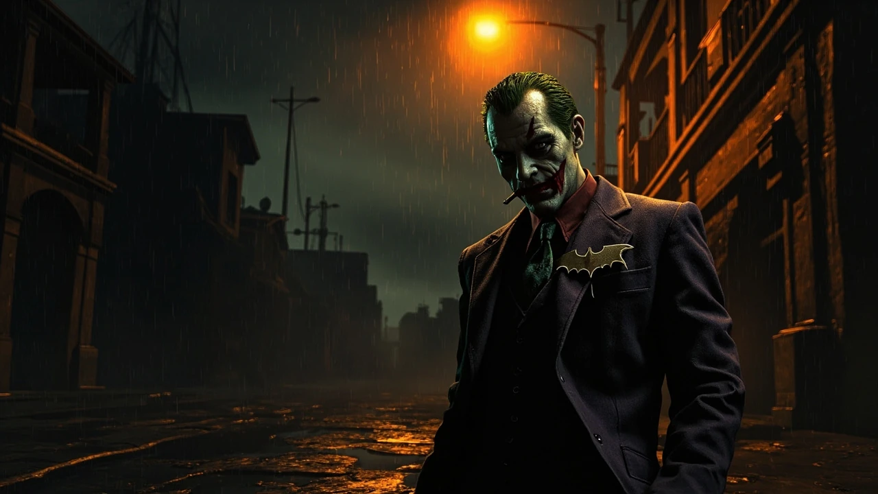 Absolute Batman Joker concept art showing the redesigned villain in a noir game scene