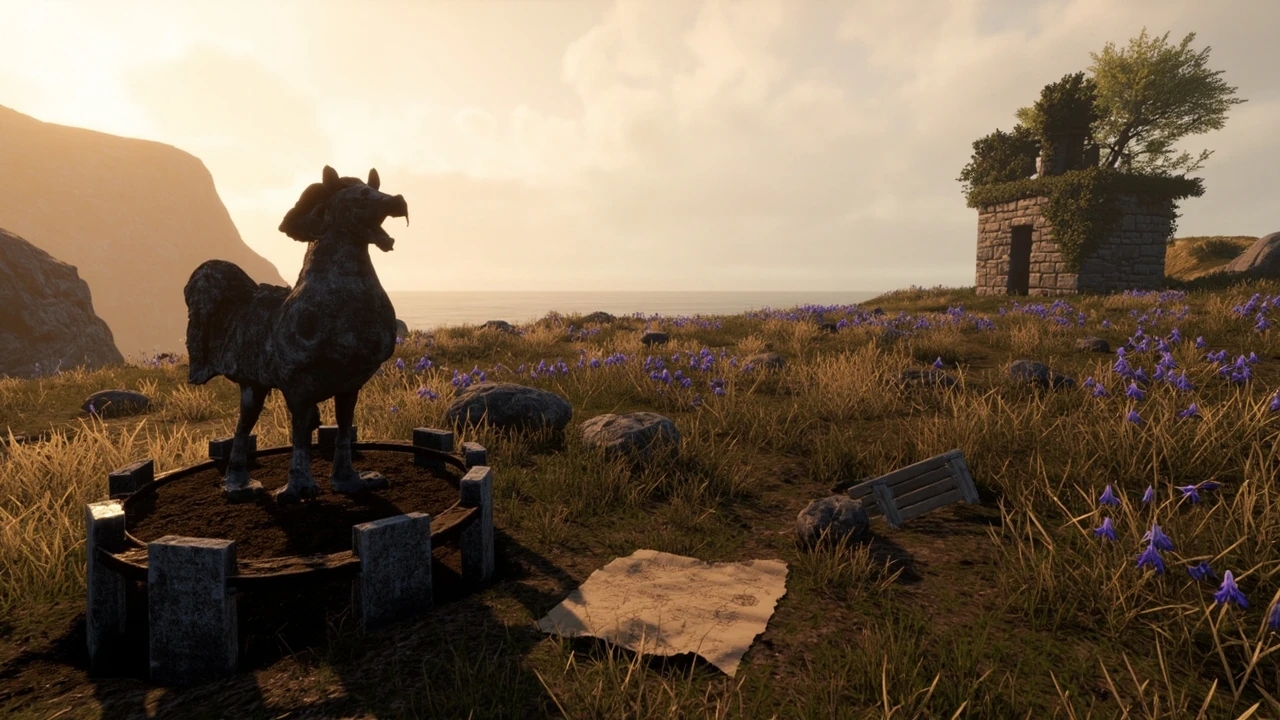 A stone hippogriff statue at a dig site in the Feldcroft meadow in Hogwarts Legacy