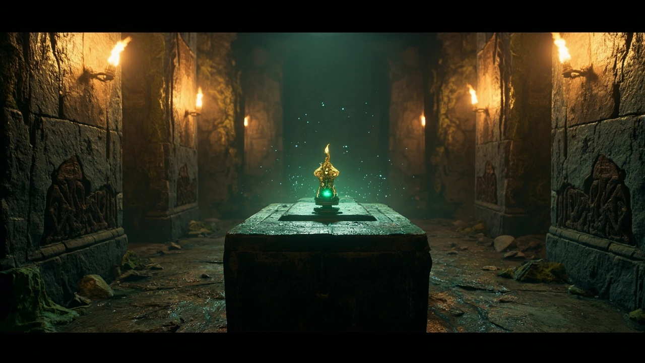A stone sarcophagus lid cracked open to reveal a cursed tomb treasure artifact glowing in torchlight inside a game environment