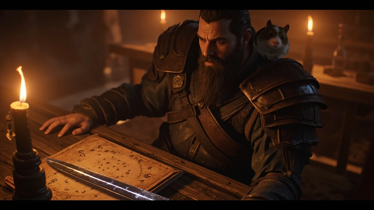 BG3 Minsc companion portrait in a fantasy tavern setting