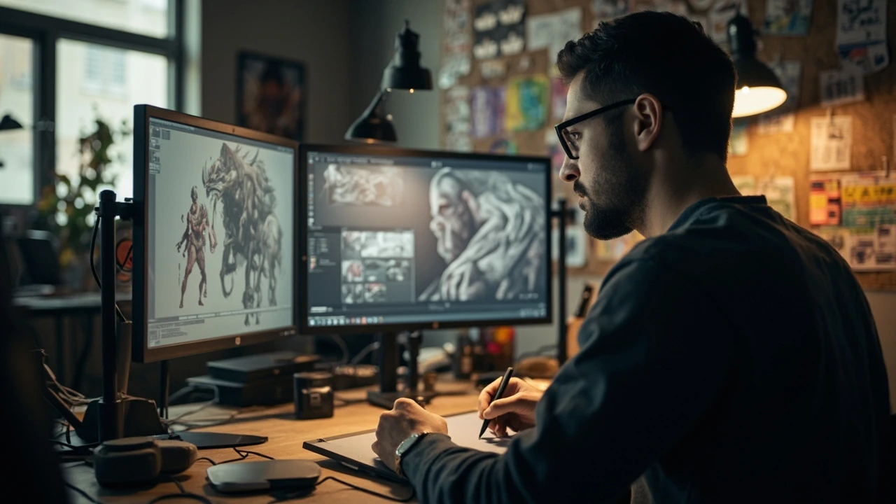 Artist reviewing concept art at a video game art studio workstation
