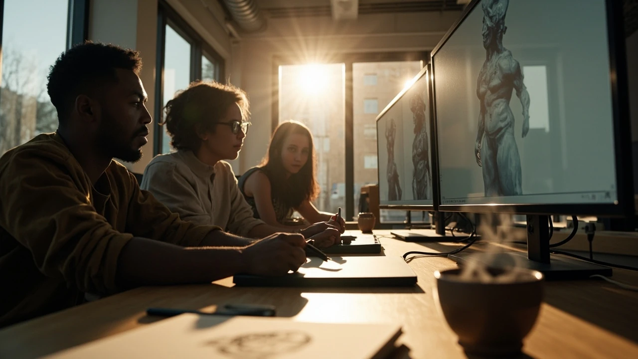 A developer reviewing 3D character models with a game art studio team