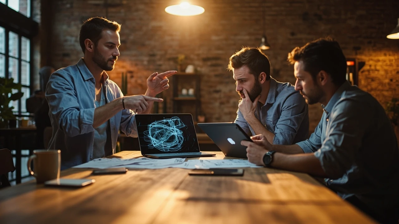 An iphone game development company team reviewing build metrics on a laptop